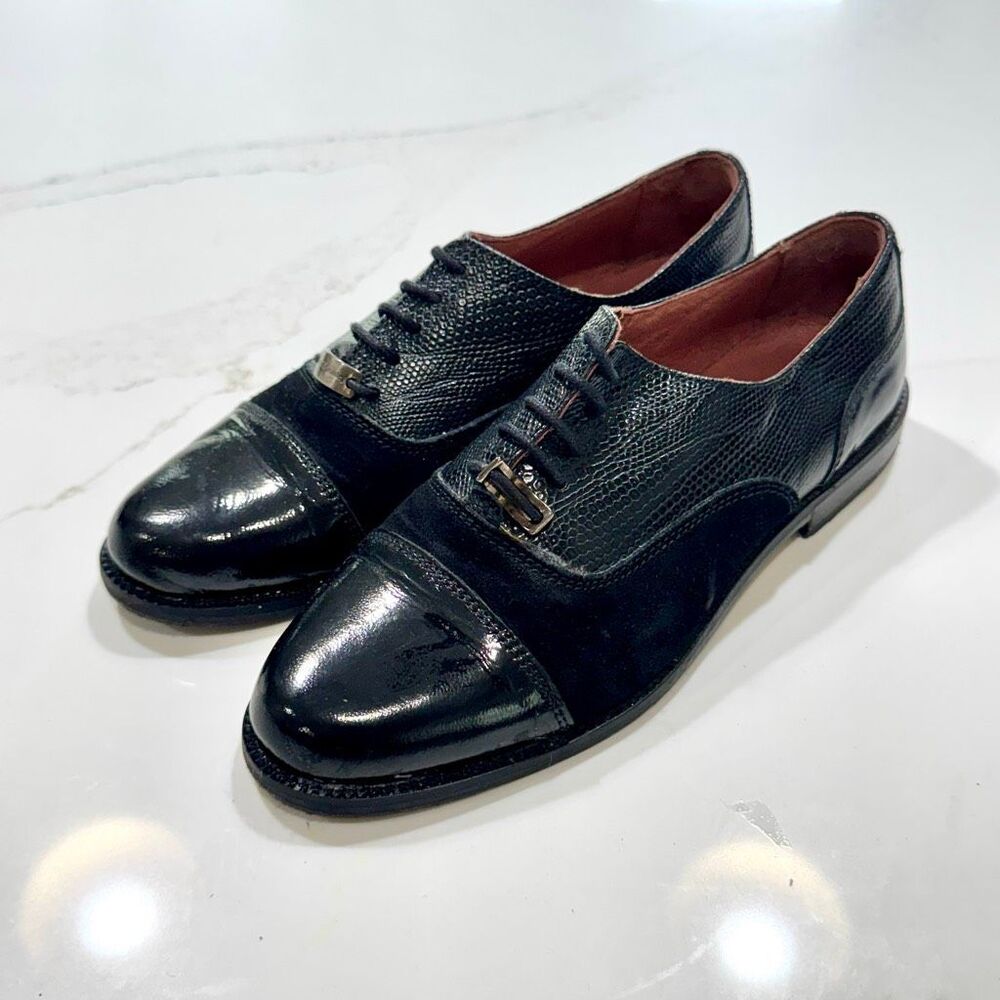 Russell & Bromley Abercrombie Black Patent Leather/embossed Croc and suede  Cap